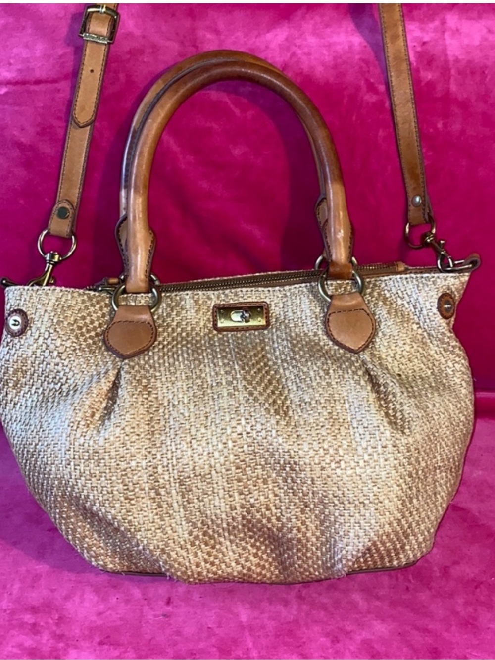 Woven Straw Tote Bag with Leather Handles - Tan